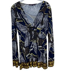 Hale Bob Silk Boho Retro Print V-Neck Empire Tunic Top Sz M